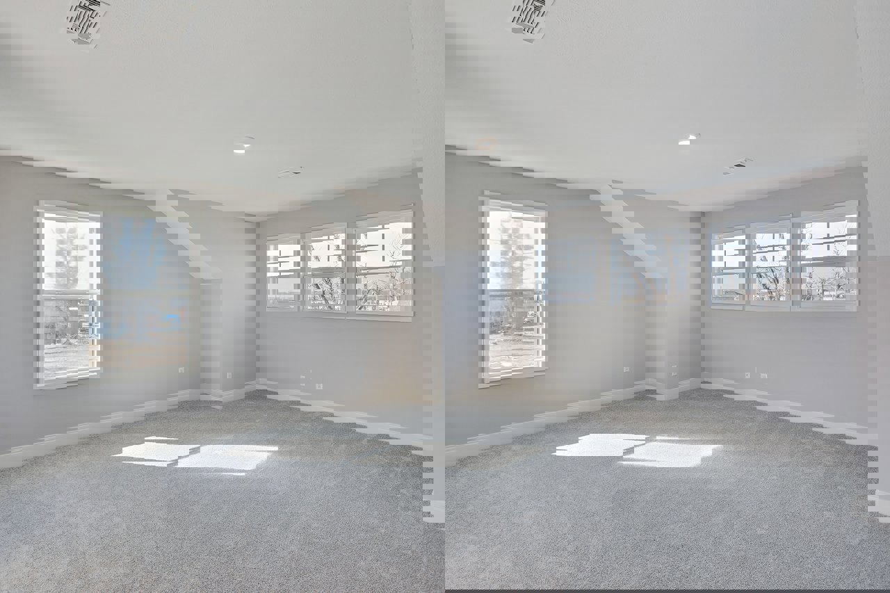 Carpeted room with multiple windows featuring white trim, ceiling vent, and tree visible outside