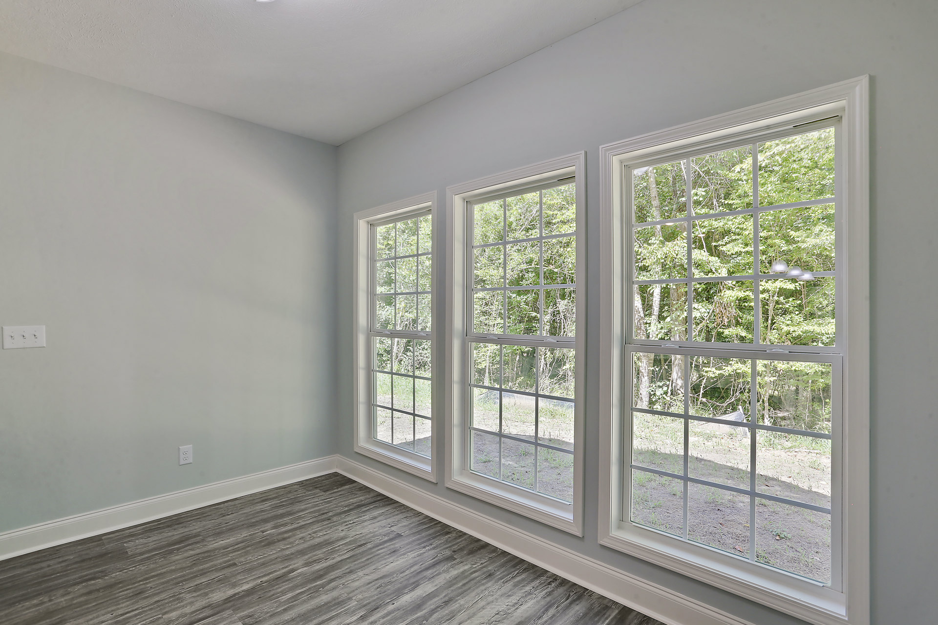 Spacious room featuring large windows overlooking leafy trees, light wood flooring, white plaster ceiling with a simple white light fixture, and a row of modern light switches on