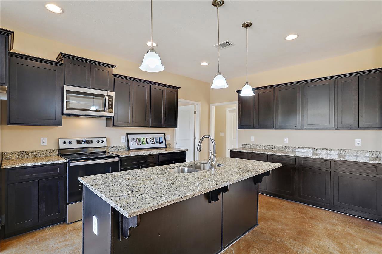 Granite countertops and black cabinets in a modern kitchen, stainless steel sink with chrome faucet, white ceiling light fixture, built-in oven, framed letter artwork on the wall
