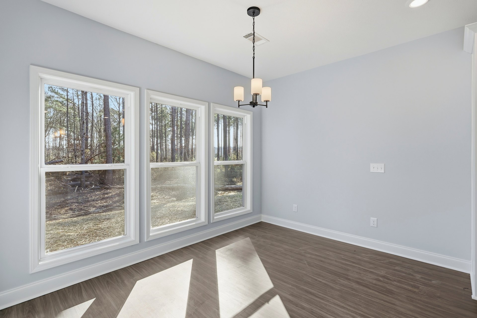 Spacious room with wooden laminate flooring, chandelier hanging from a chain, multiple tall windows with tree views, white plaster walls, and decorative molding.