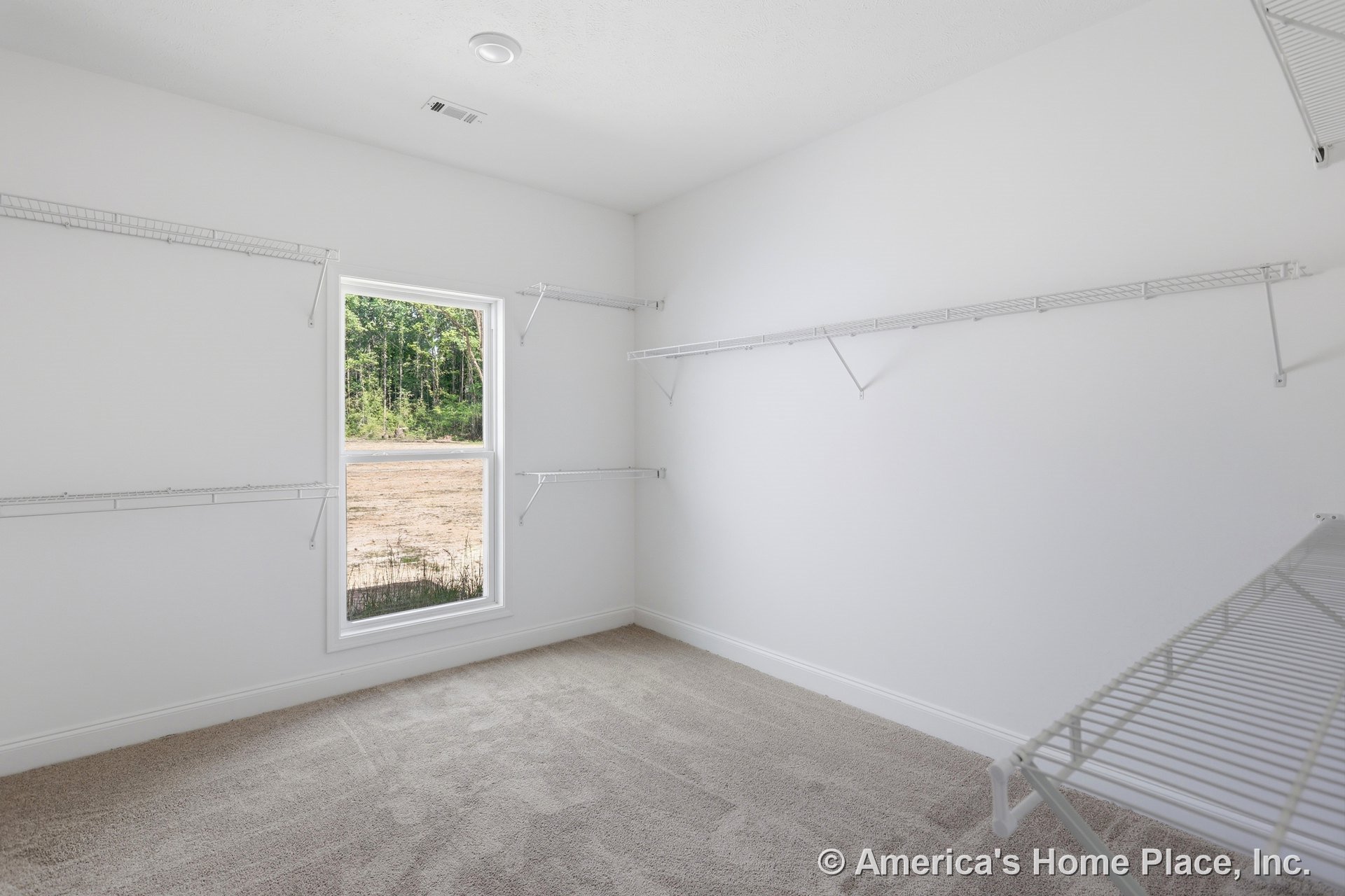 Walk-in closet with white wire shelving, large window with trim, neutral carpet flooring, white painted walls, recessed ceiling light, and baseboard trim.
