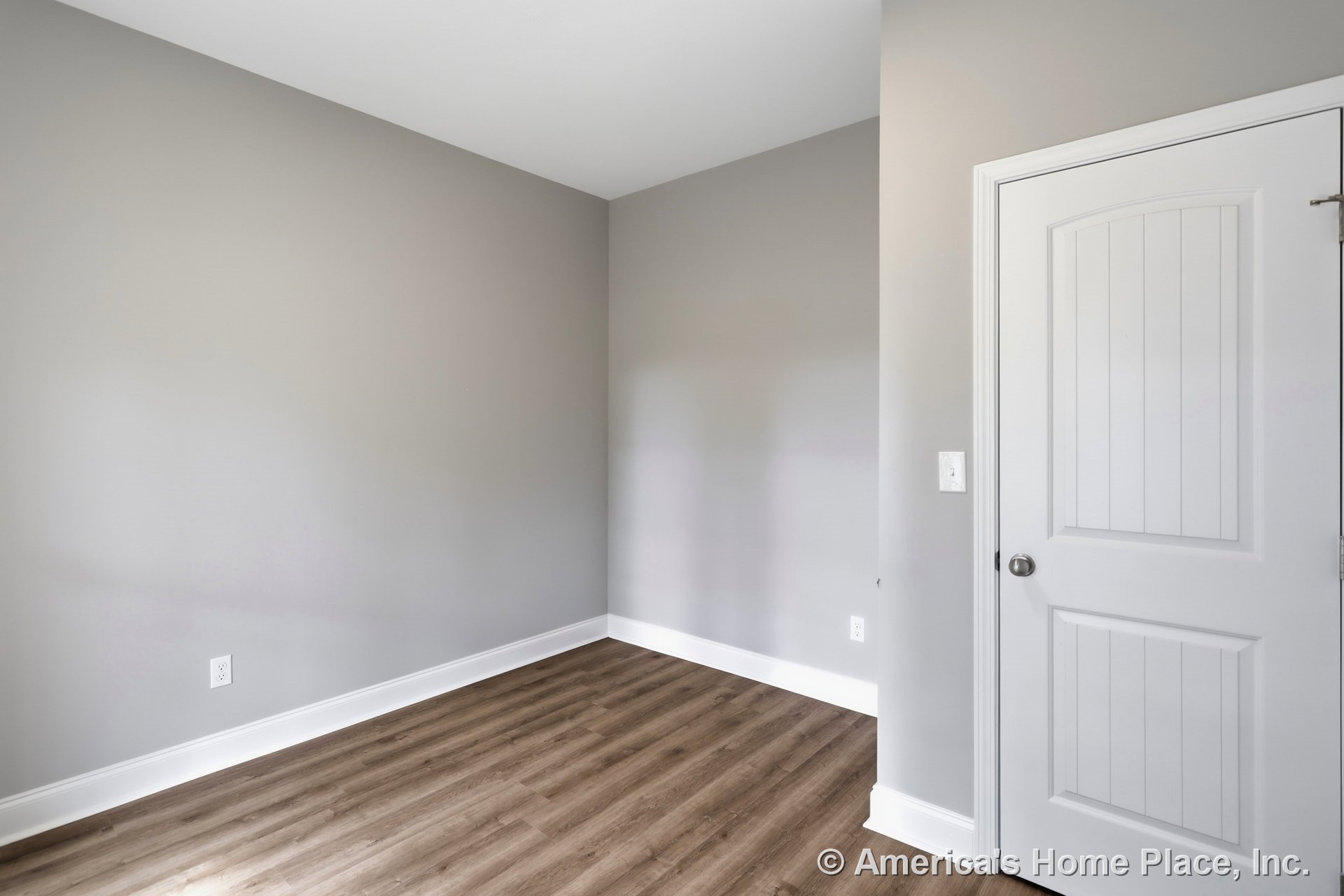Small interior room with light gray walls, white baseboards and trim, wood-look vinyl plank flooring, paneled white interior door, minimalist ceiling, and visible electrical