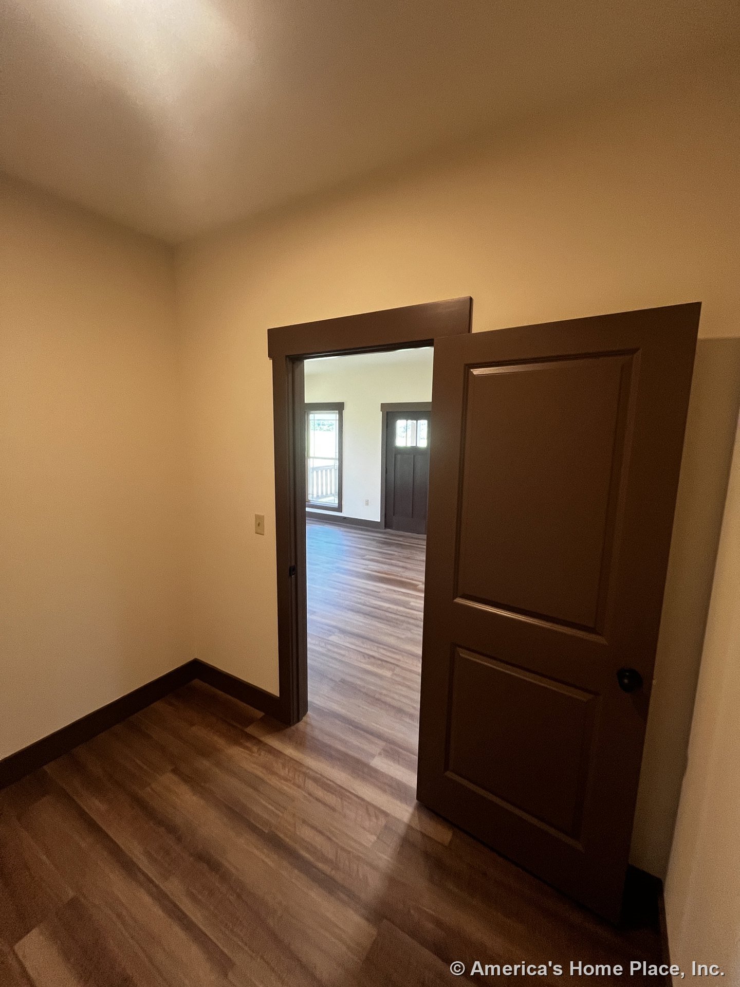 Small interior room with wood-look laminate flooring, brown baseboards and trim, brown door, and neutral painted walls, opening to a larger living area with a large window.