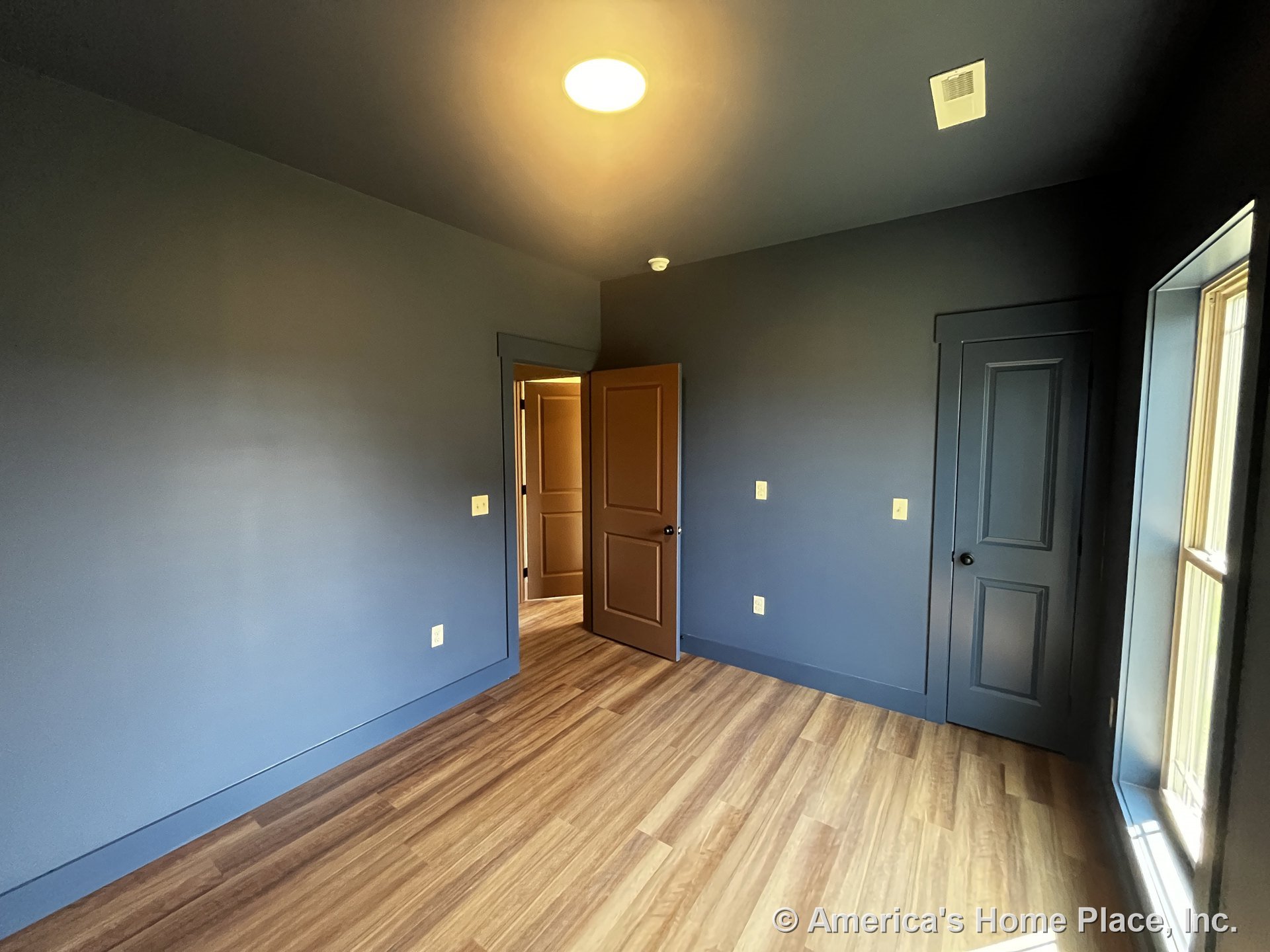 Bedroom with dark blue walls and matching trim, wood-look plank flooring, two paneled doors, large window with blue trim, ceiling-mounted light fixture, baseboard, vent, and