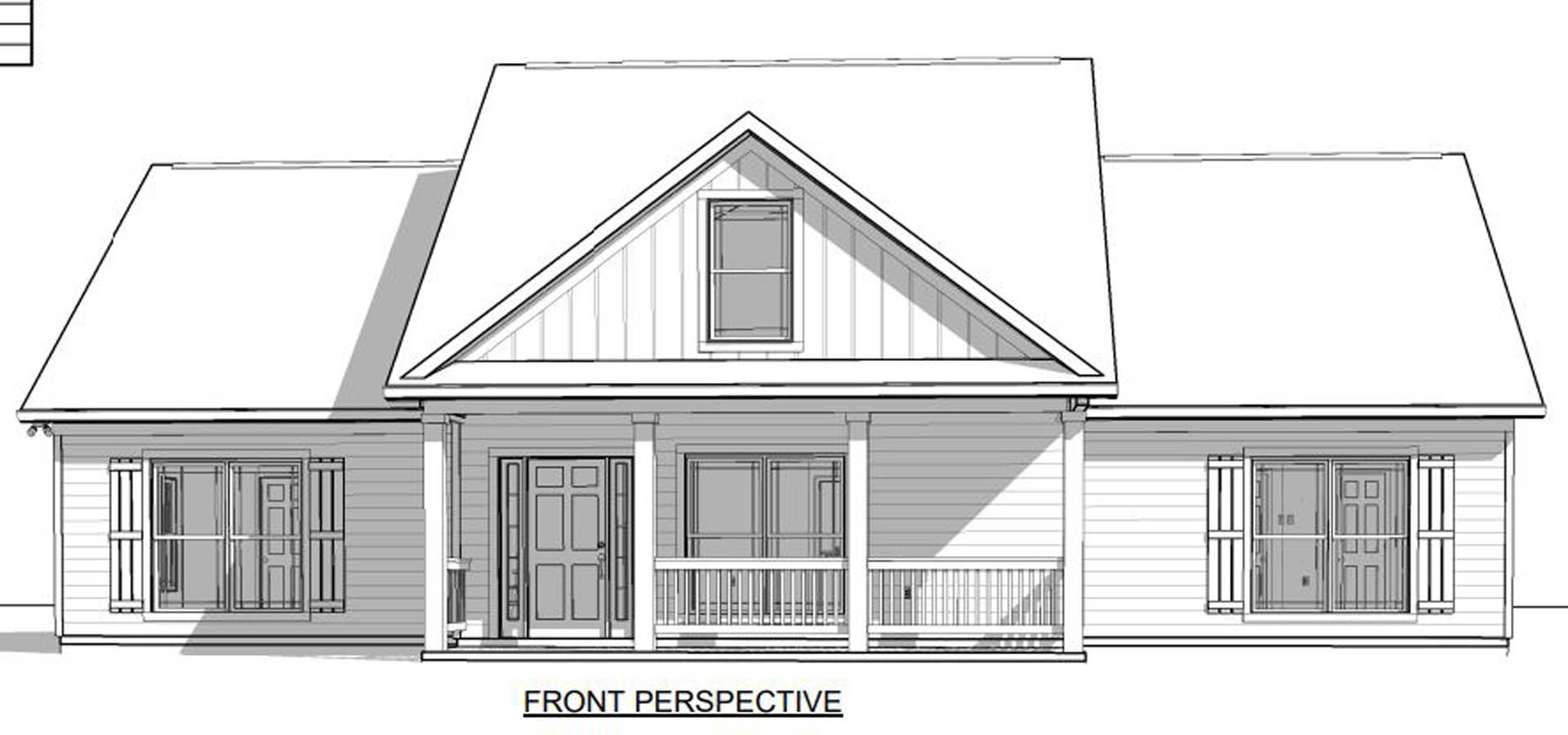 Two-story home with covered front porch, upper balcony with black railing, white door featuring window and black frame, light exterior siding, large front windows, gabled roof.