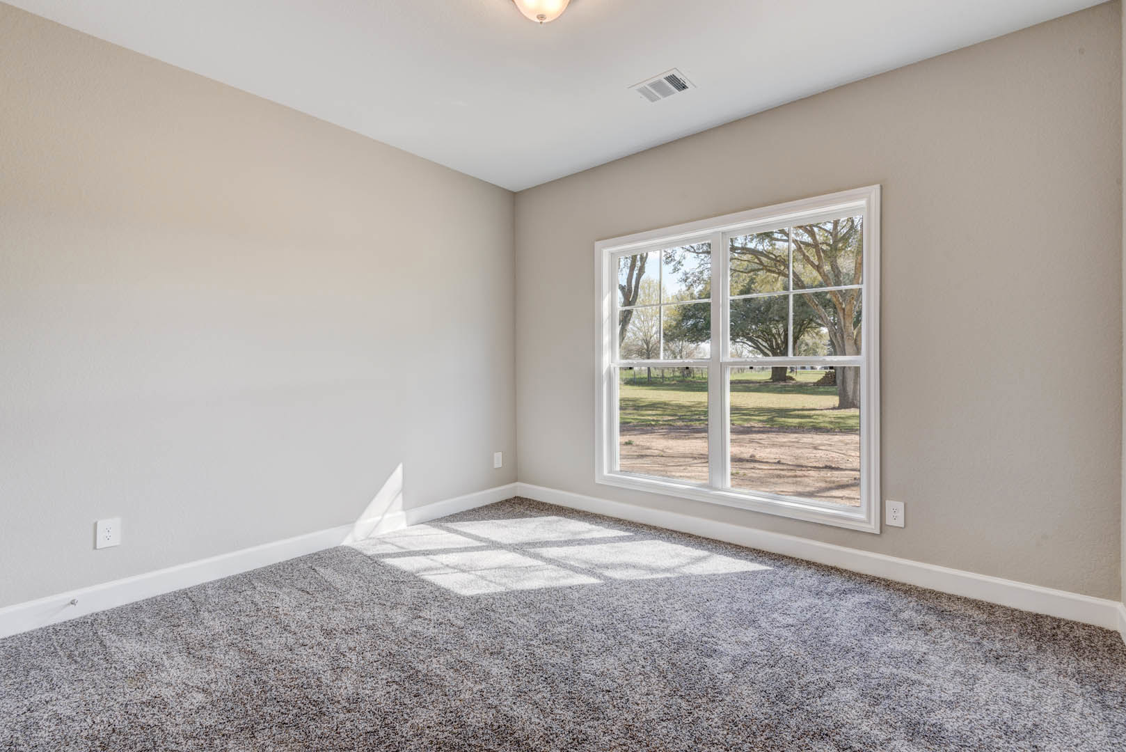 Bright carpeted room with white walls, large window overlooking grassy field and trees, ceiling light fixture, air vent, and decorative molding.