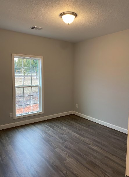Hardwood floor with natural finish, white plaster walls, large window overlooking grassy field, ceiling-mounted light fixture
