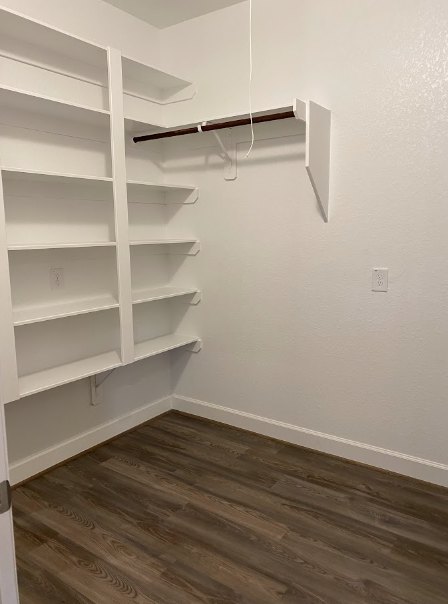 White closet with built-in shelves, dark hardwood floor, white plaster walls, exposed pipe along wall