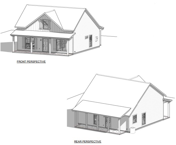 Hand-drawn sketch of a two-story house with gabled roof, multiple windows, and front porch detailing