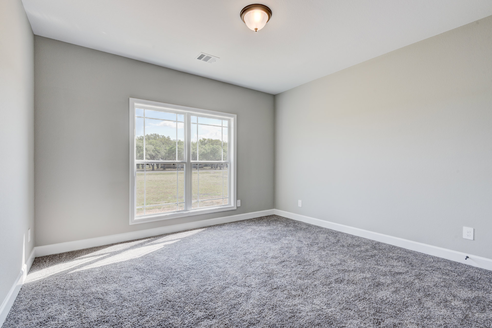 Neutral-toned carpeted room with white walls, large window overlooking green trees and grass, and ceiling-mounted light fixture