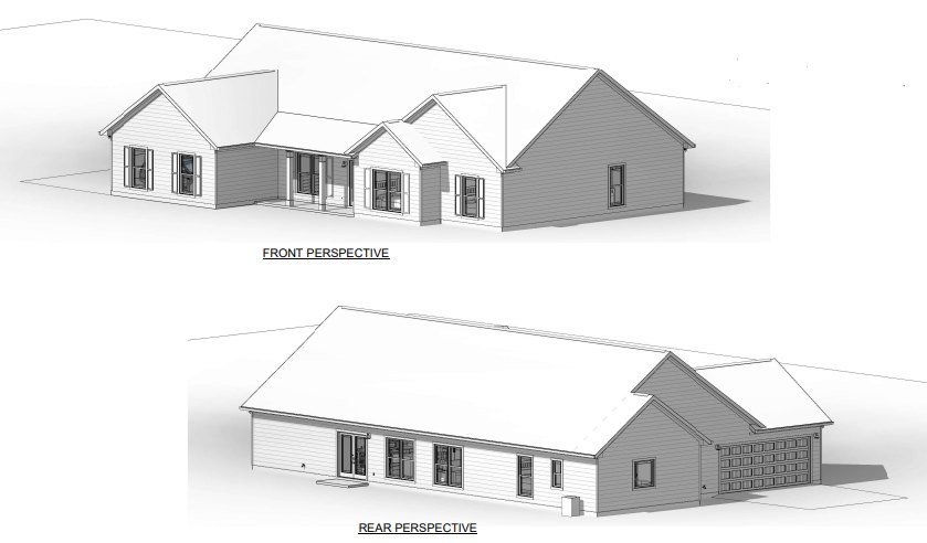 Modern custom home with multiple rooflines, large windows, and mixed exterior materials including stone and wood, shown from several perspectives.