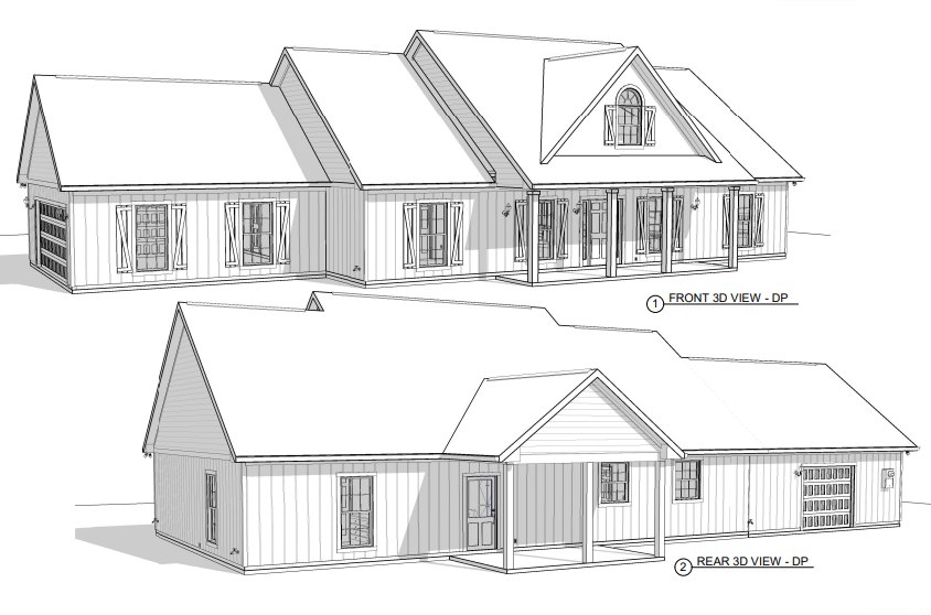 White two-story house with gabled roof, covered front porch supported by columns, large windows with glass panels, and wooden front door