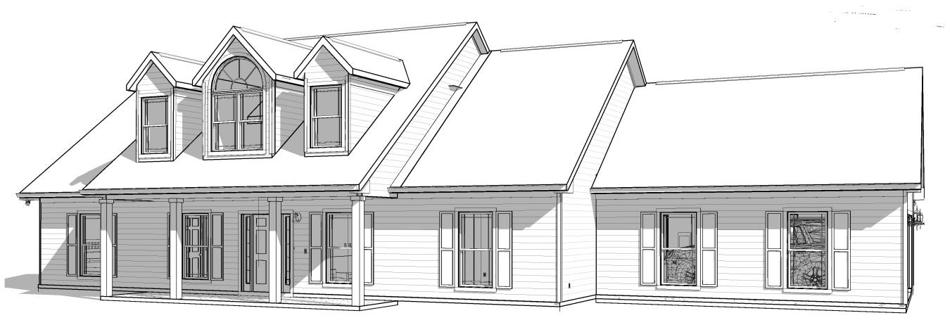 Two-story house with gray siding, prominent dormer window, arched front window, covered front porch, and attached garage