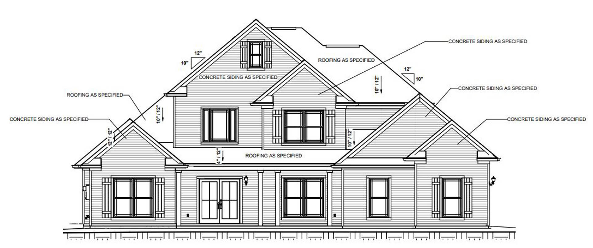 Architectural elevation sketch of a custom home featuring a gabled roof, double entry doors with black frames, and windows with black mullions.