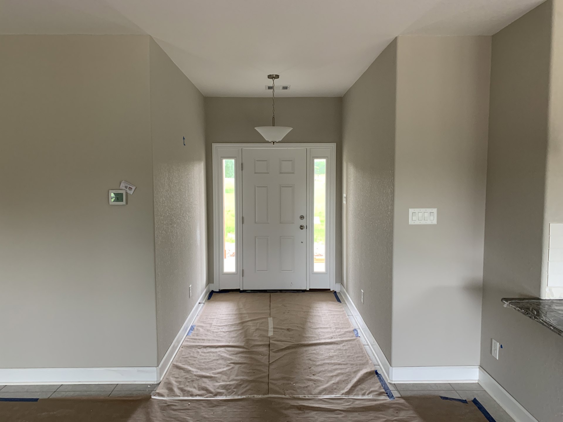 Hallway with light-colored walls, white paneled door, ceiling-mounted light fixture, and light wood flooring