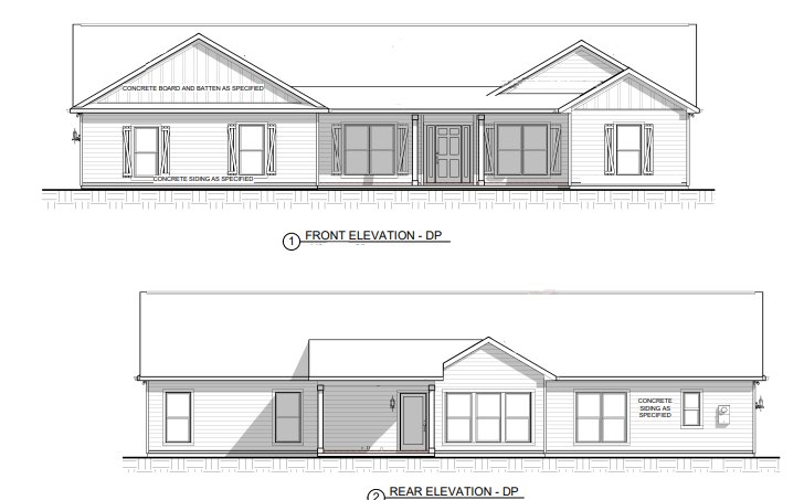 Hand-drawn architectural sketch of a two-story house with large windows, pitched roof, and front porch detailing