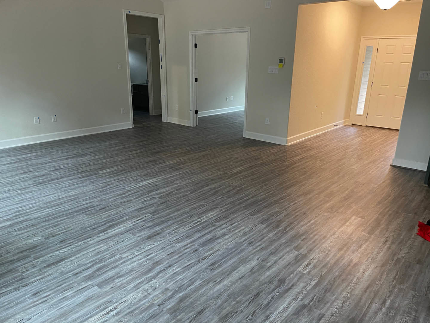 White paneled door with black hinges and glass insert, wood plank flooring, plaster walls, recessed ceiling light