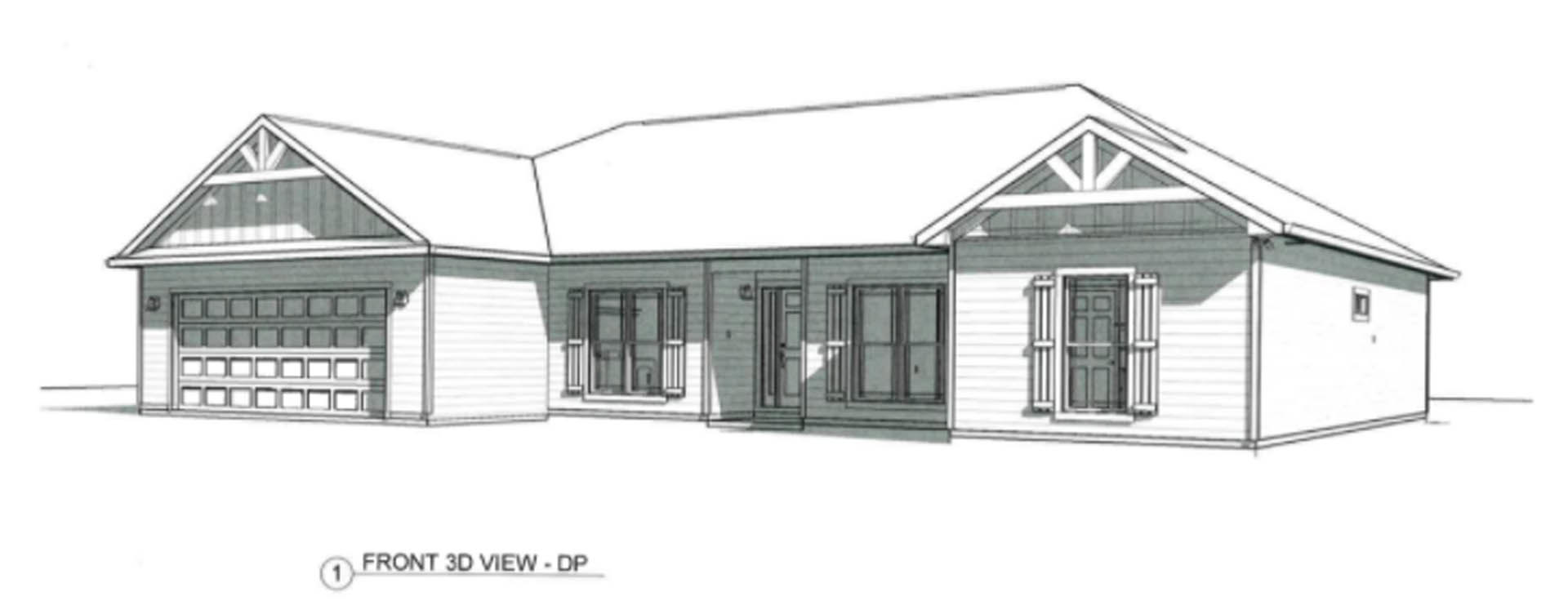 Architectural sketch of a two-story house with gabled roof, multiple windows, and front door, rendered in pencil on white paper