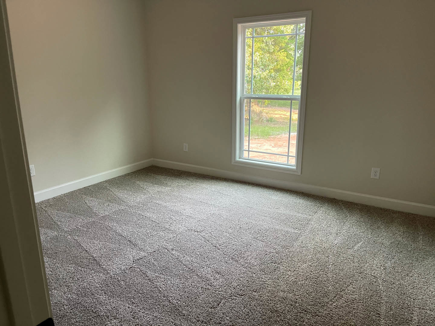 Neutral-toned carpeted room with white walls, large window overlooking green grass and trees, white electrical outlet visible on wall