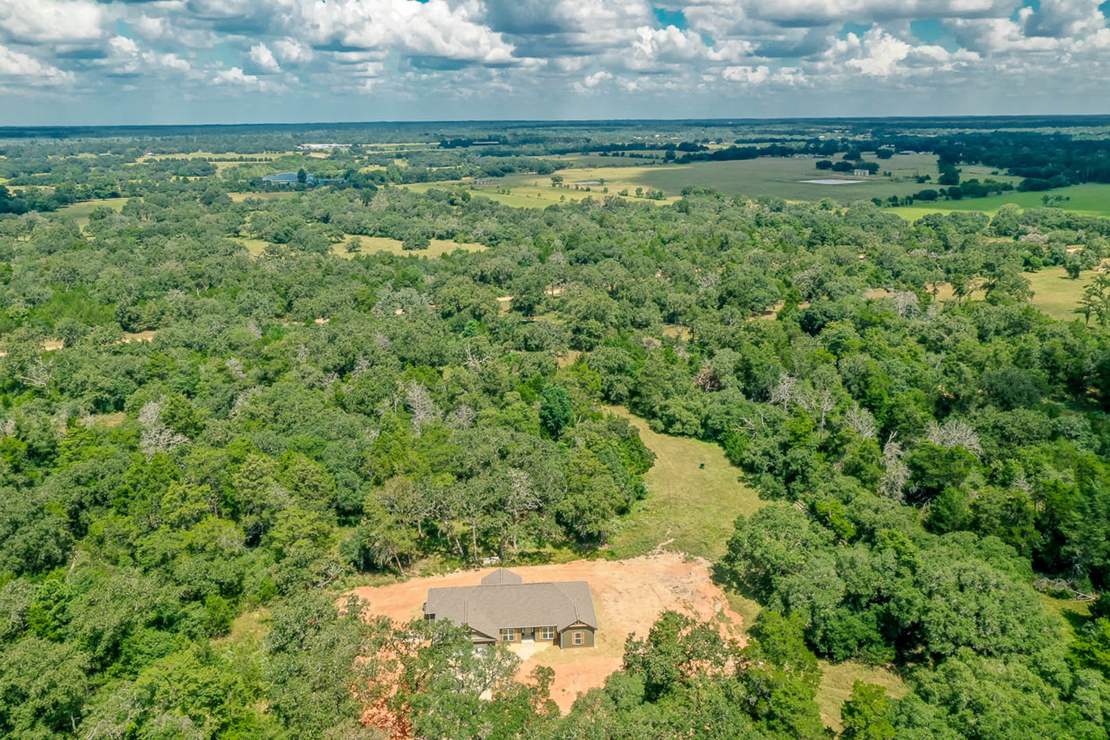 Modern home with gray siding and gabled roof nestled among tall trees, lush green grass and dense forest surrounding the property under a partly cloudy blue sky