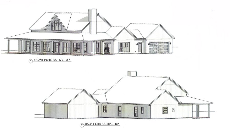 Architectural sketch of a modern house with rectangular white exterior, black line detailing, and prominent window