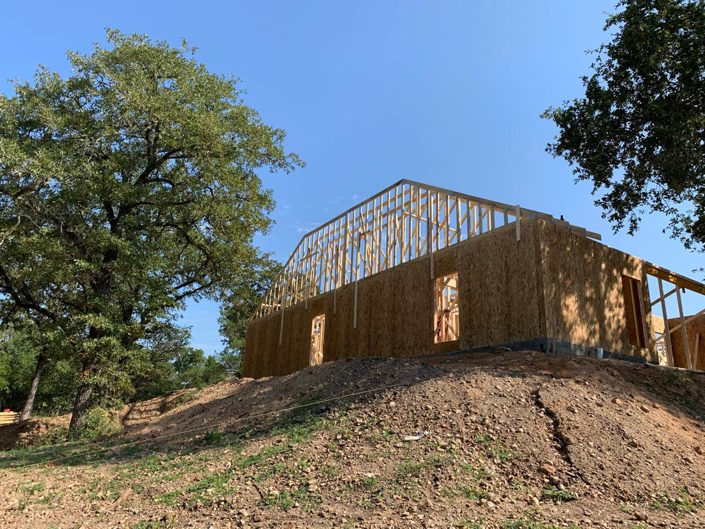 Wood-framed house under construction on a grassy, rocky hill with a large leafy tree nearby and blue sky in the background