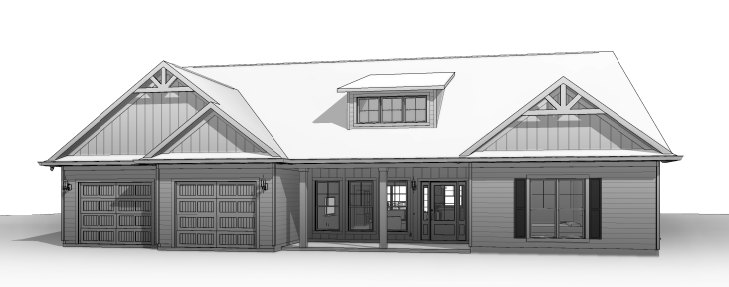 Two-story house with gray siding, black framed windows, covered front porch, glass-paneled black front door, and attached garage with gray door.