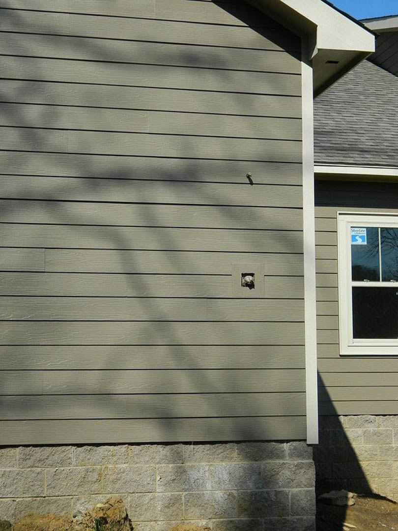Stone exterior home with white-framed windows, composite siding, gray shingle roof, rain gutters, and a red fire hydrant positioned near the side wall.