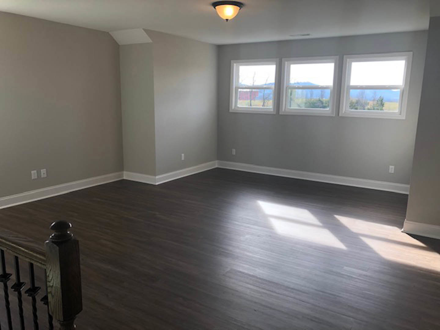 Spacious room with dark wood flooring, large windows framing mountain views, white plaster walls, and modern ceiling light fixture
