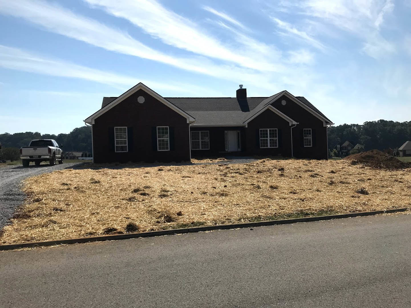 Black-roofed house with white siding, chimney, and multiple windows, set beside a wide green lawn bordered by a curb and road; white truck parked on street under partly cloudy sky.
