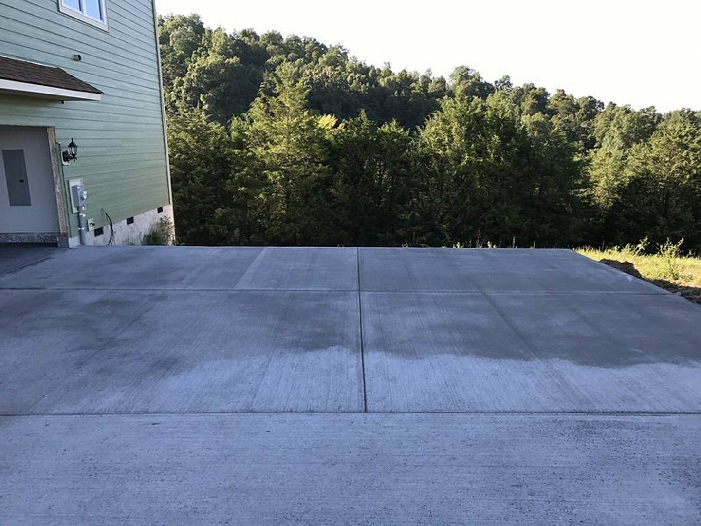 Concrete driveway leading to a modern home with a light fixture beside the entry door, surrounded by mature trees and greenery.
