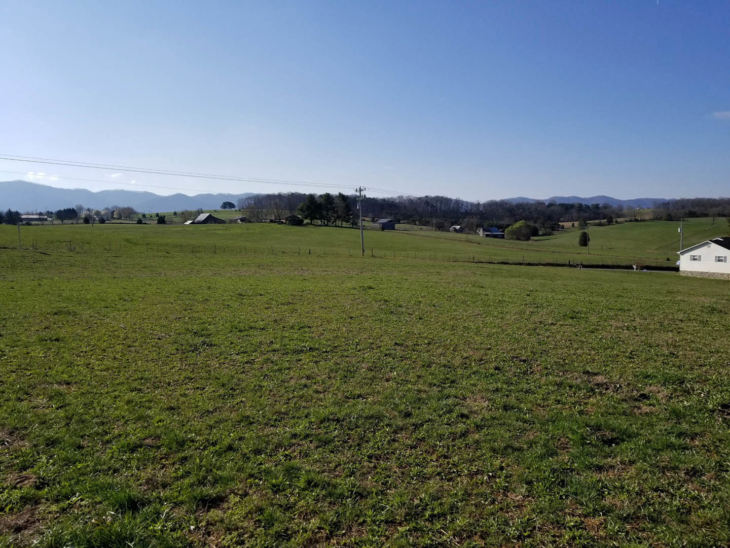 Expansive grassy field bordered by scattered trees, distant mountains under a blue sky with clouds, man standing near a house and utility pole
