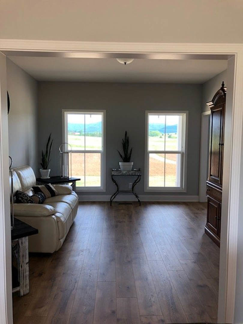 Living room with hardwood floors, gray couch with pillows, wooden coffee table, potted plant beside window overlooking grassy field, wall mirror above table.