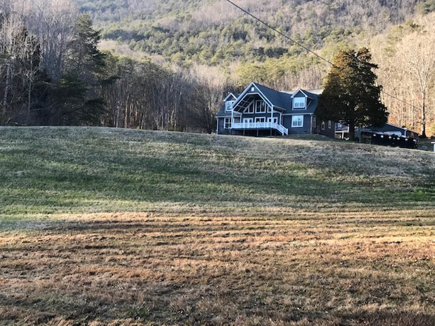 Modern two-story home with large windows and light-colored siding, set atop a grassy hill surrounded by mature leafy trees and dense woodland
