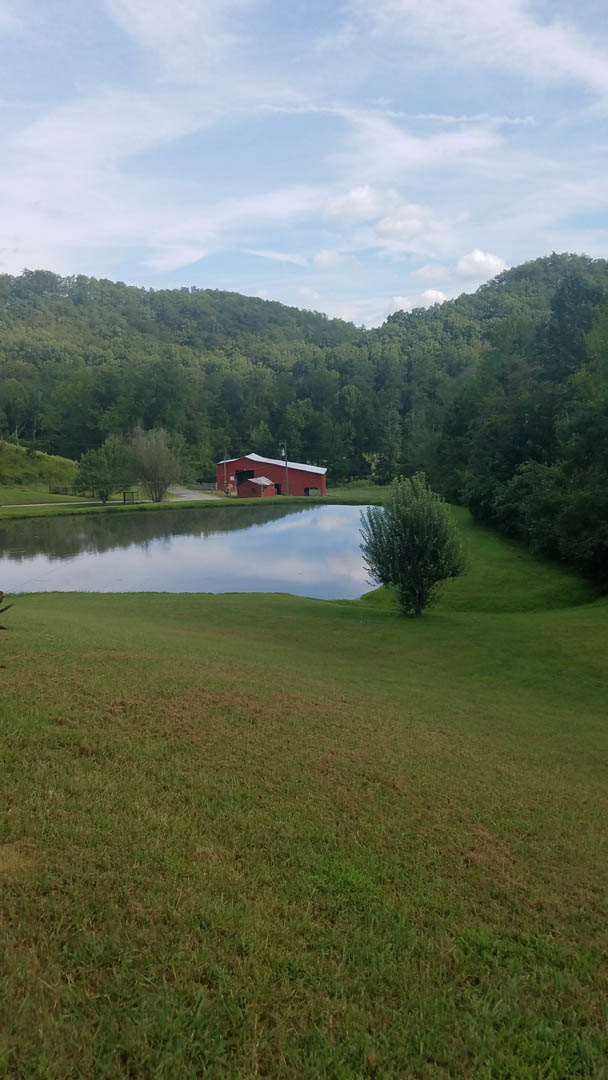 Pond surrounded by grass and trees, red barn with white roof in the background, blue sky with scattered clouds