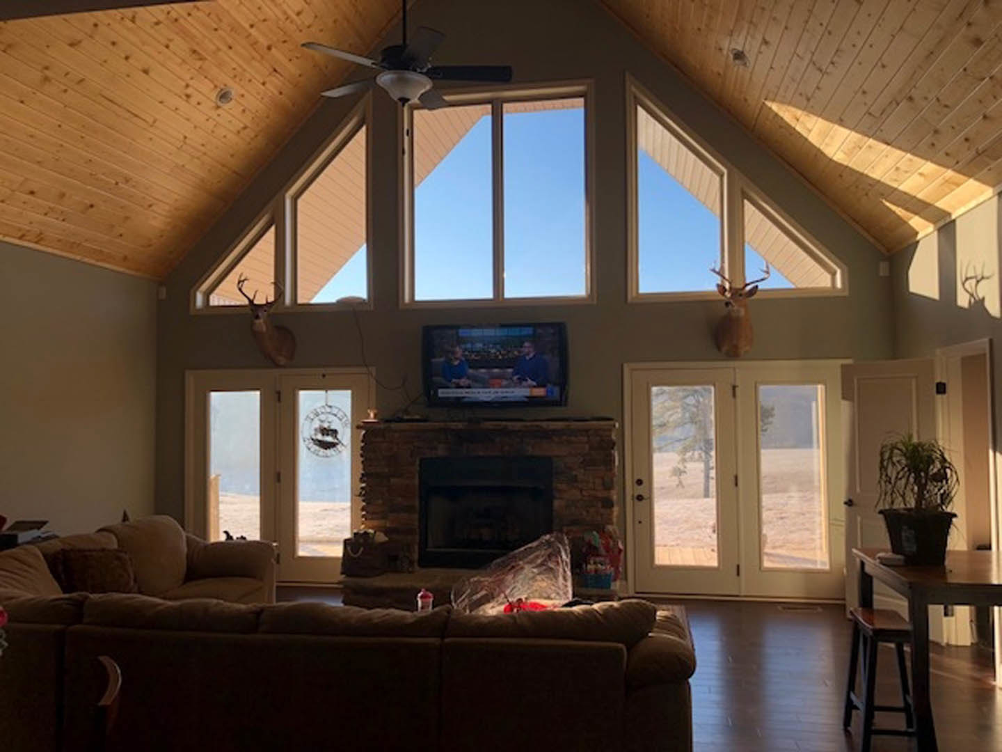 Living room with light walls, black-framed fireplace, ceiling fan, gray couch, television, potted plant, and wood table with stool