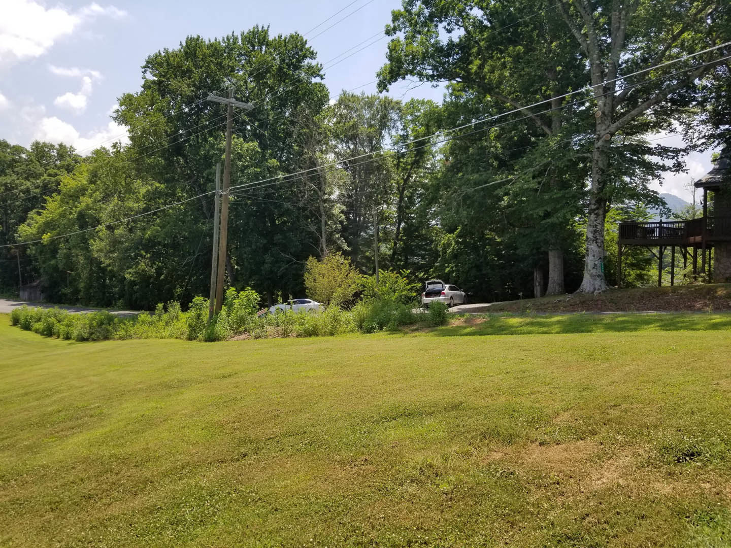 Wide grass field bordered by mature trees, power lines overhead, and parked cars visible in the background under a partly cloudy sky