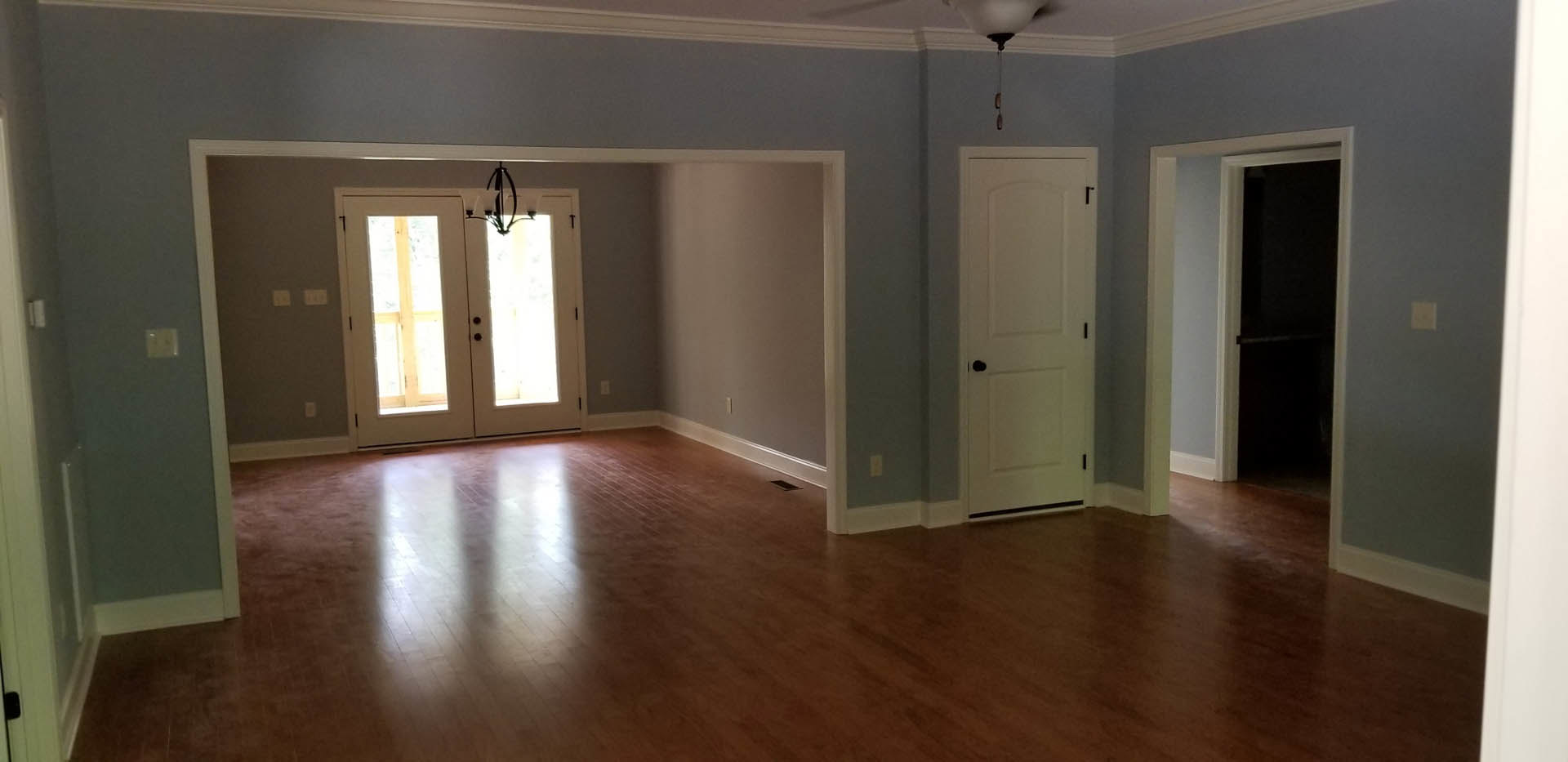 Hardwood floor room with double glass-panel doors, white door with black knobs, black-framed door, light switch on plaster wall