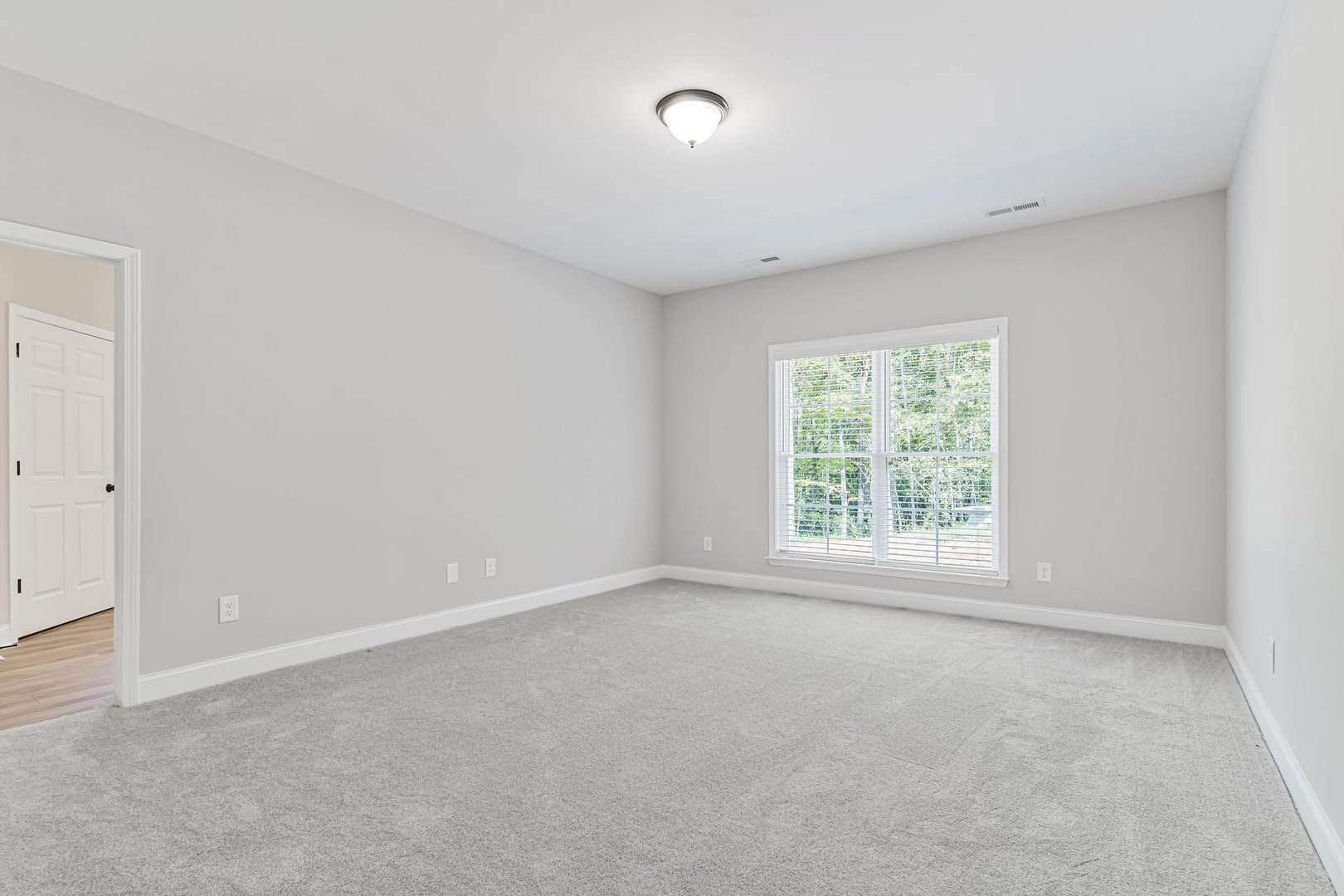 Carpeted room with a large window featuring white blinds, white walls with crown molding, a ceiling-mounted light fixture, and a white door with black hardware.