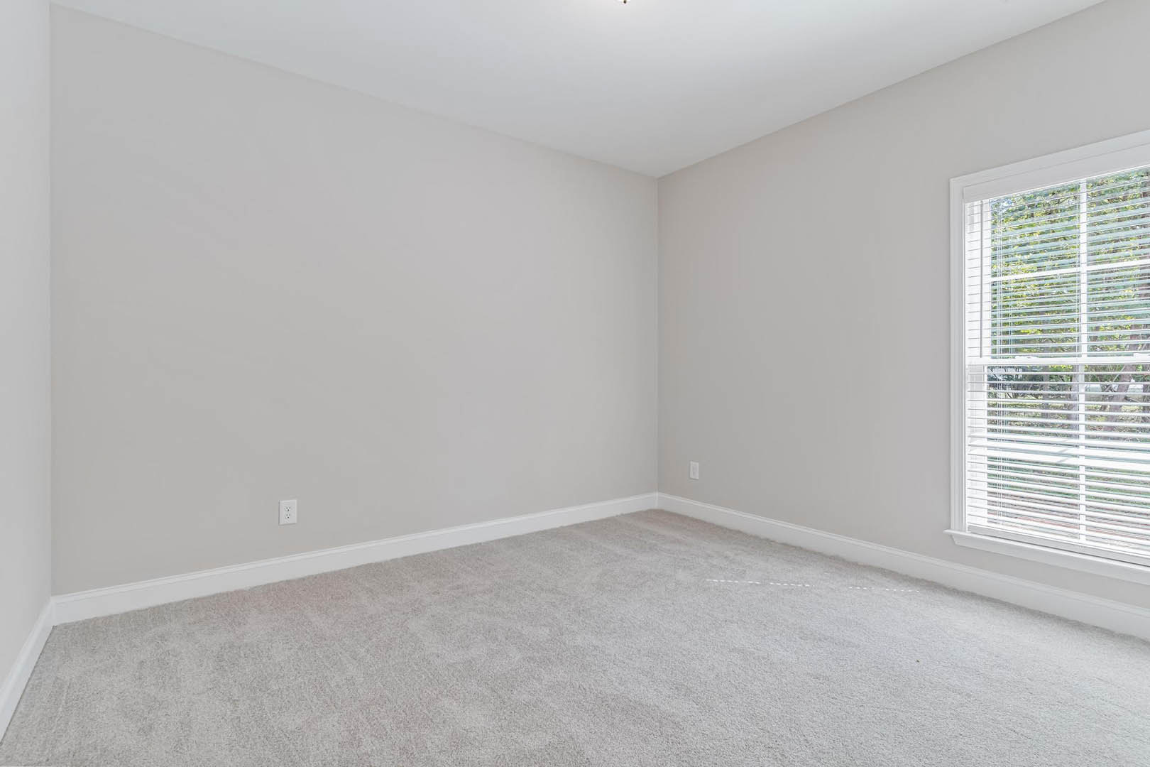 Carpeted room with open white door, white walls and ceiling, window fitted with white blinds