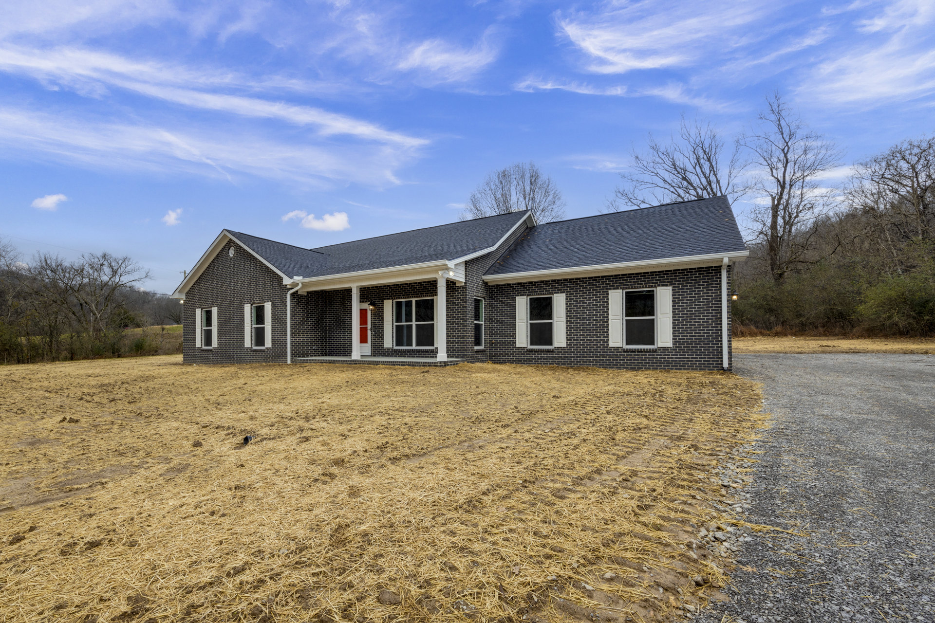Brick house with red doors, large grassy yard, mature tree behind roof, white-trimmed windows, cloudy sky overhead