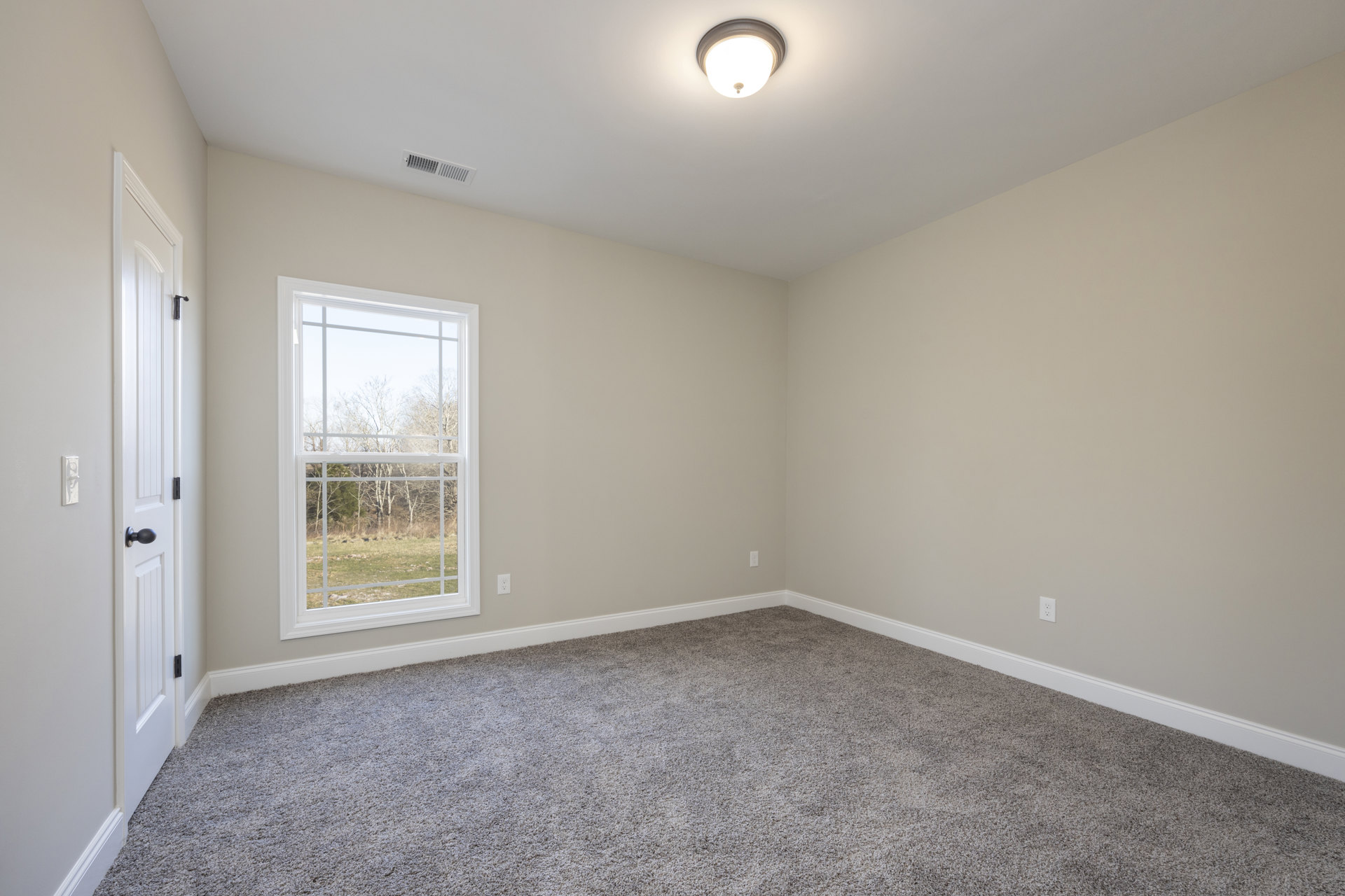 Neutral-toned carpeted room with white walls, large window showing trees and field outside, ceiling-mounted light fixture, white door with black hinge, simple baseboard molding