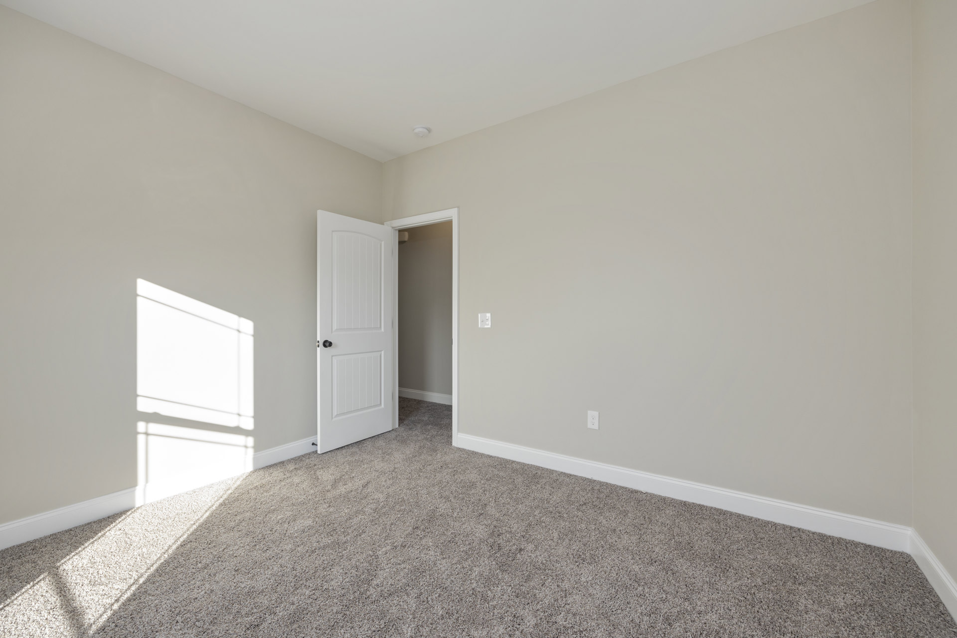 White paneled door with black knob open to carpeted room, white walls with soft shadows, grey accent wall, white door frame, ceiling-mounted smoke detector, simple molding.