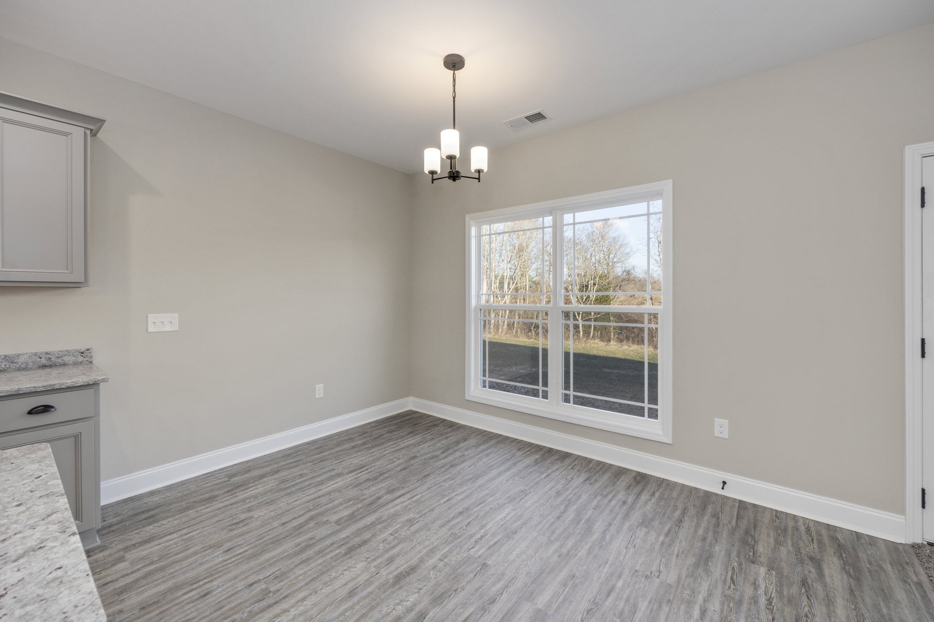 Sunlit room featuring wide plank wood flooring, large window with tree and yard views, white walls, white door with matching trim, and a modern chandelier overhead.