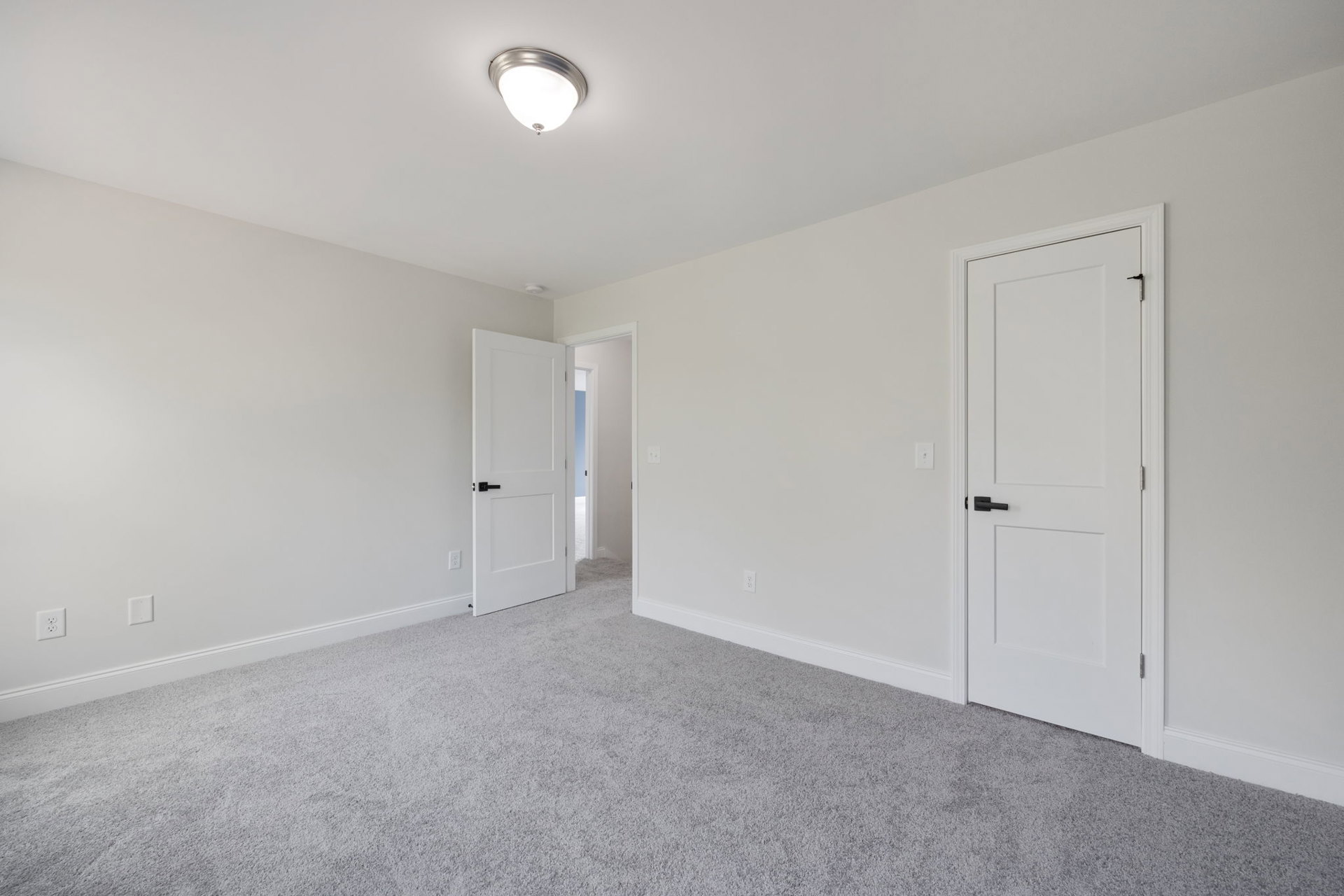 White-walled room with two white doors featuring black handles, carpeted floor, and ceiling-mounted light fixture.