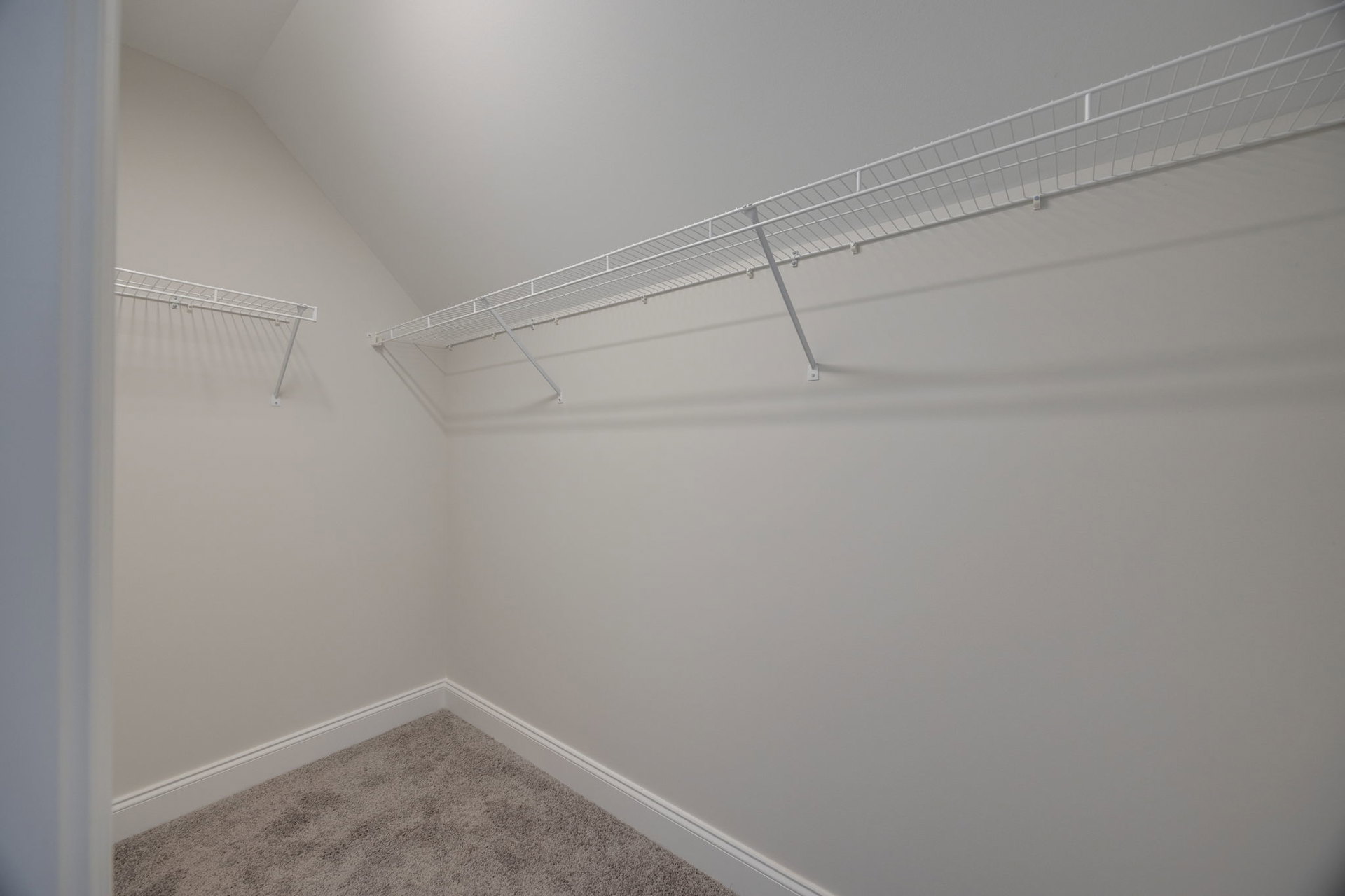 White built-in shelves on a white plaster wall in a carpeted closet