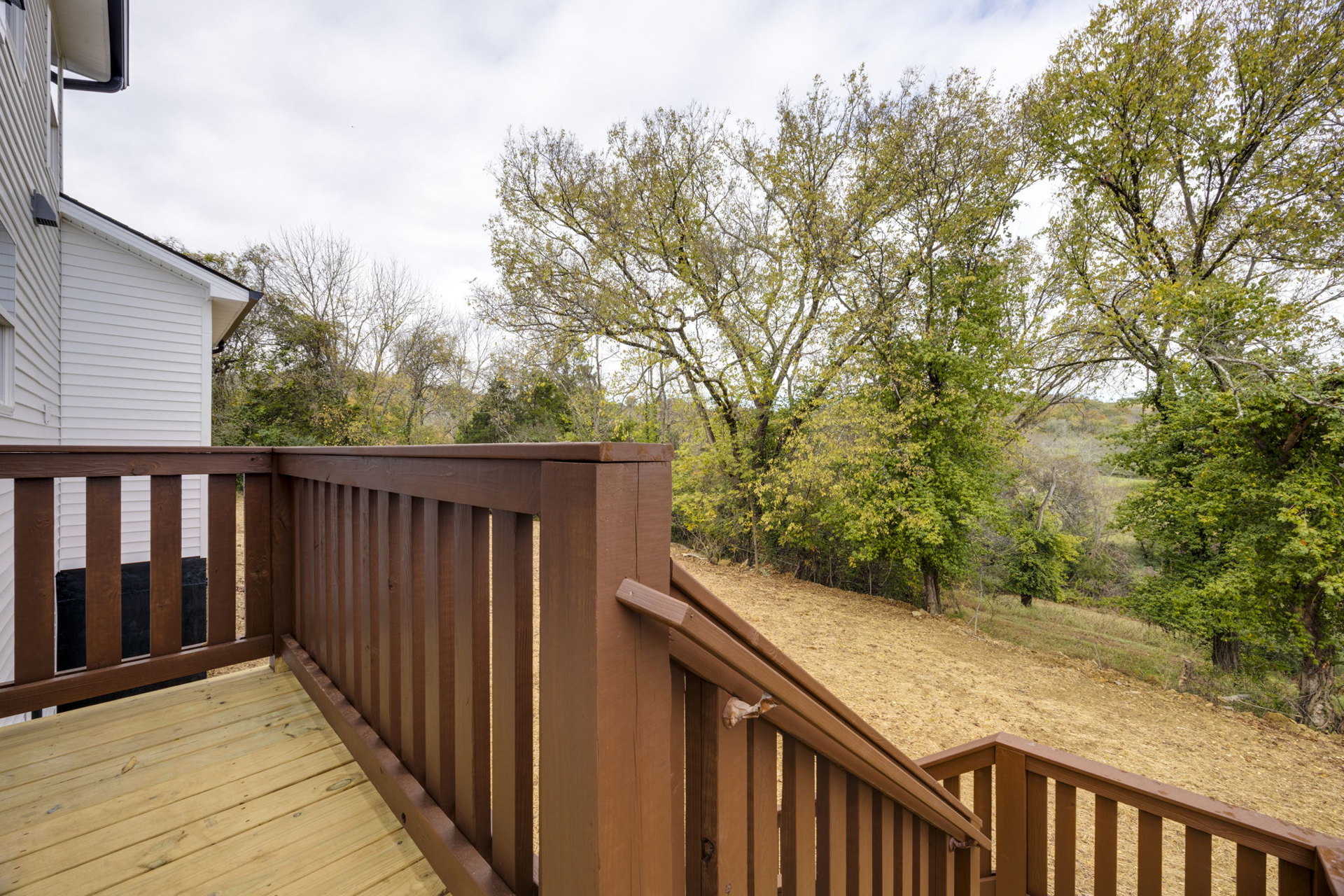 Wooden deck with horizontal railing overlooking grassy yard and leafy trees, outdoor space bordered by natural landscape.