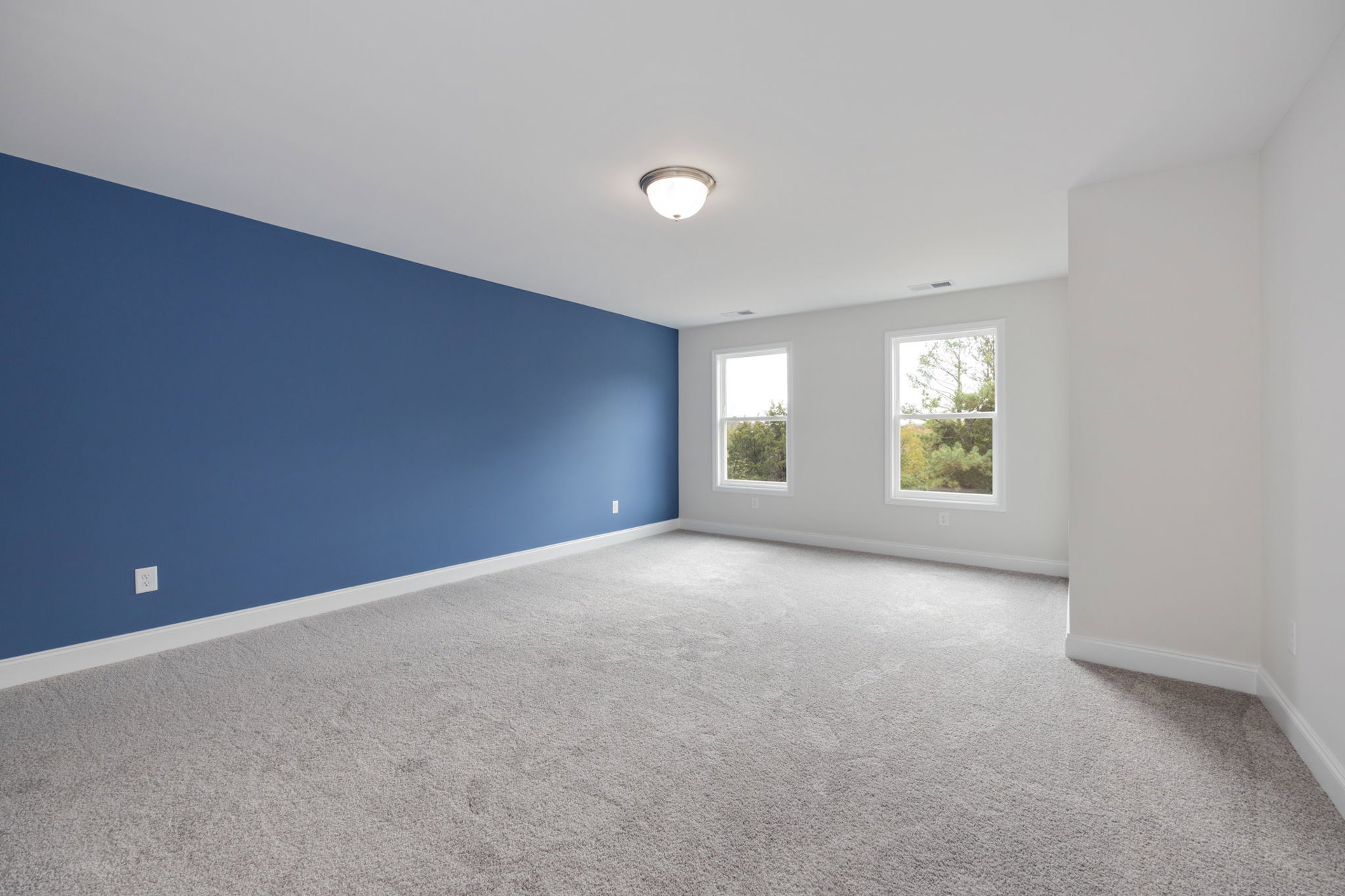 Blue-painted walls, ceiling light fixture, carpeted floor, large window with view of trees