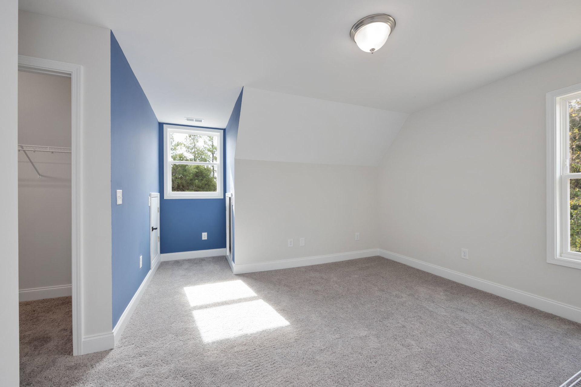 Carpeted room with blue and white walls, ceiling light fixture, window overlooking trees, white shelf above baseboard molding, sunlight illuminating white carpet