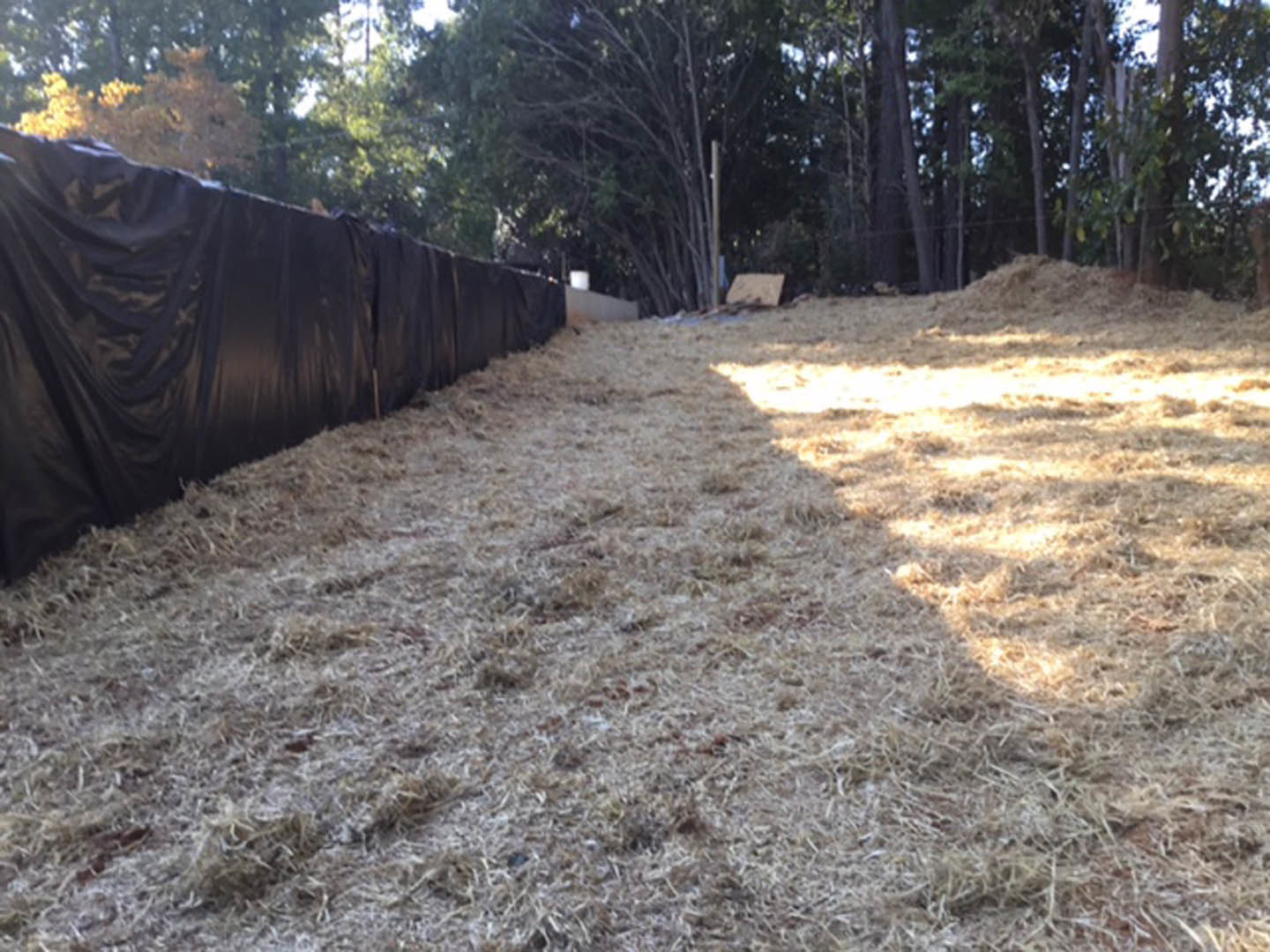 Fenced field with scattered hay, black tarp draped over wooden fence, leafless tree and blurred trees in background, grassy ground under open sky